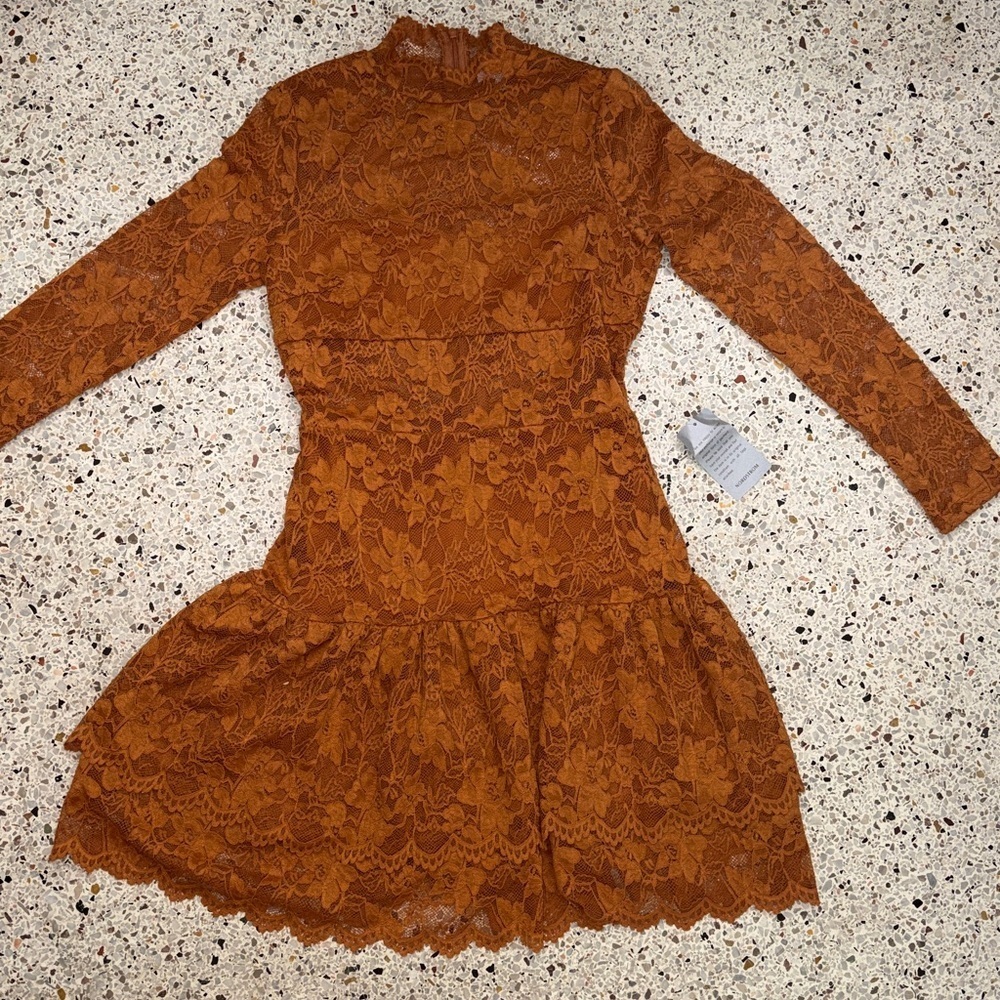 NWT NSR brown rust lace high neck long sleeve mini tiered dress small s